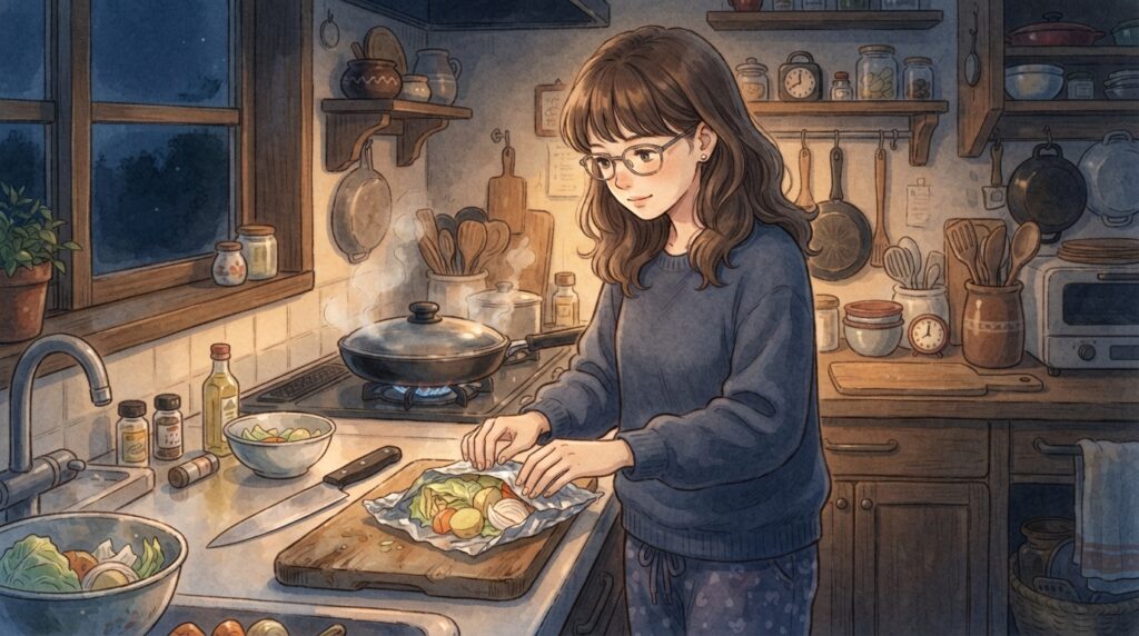 蒸し野菜料理を作る女性