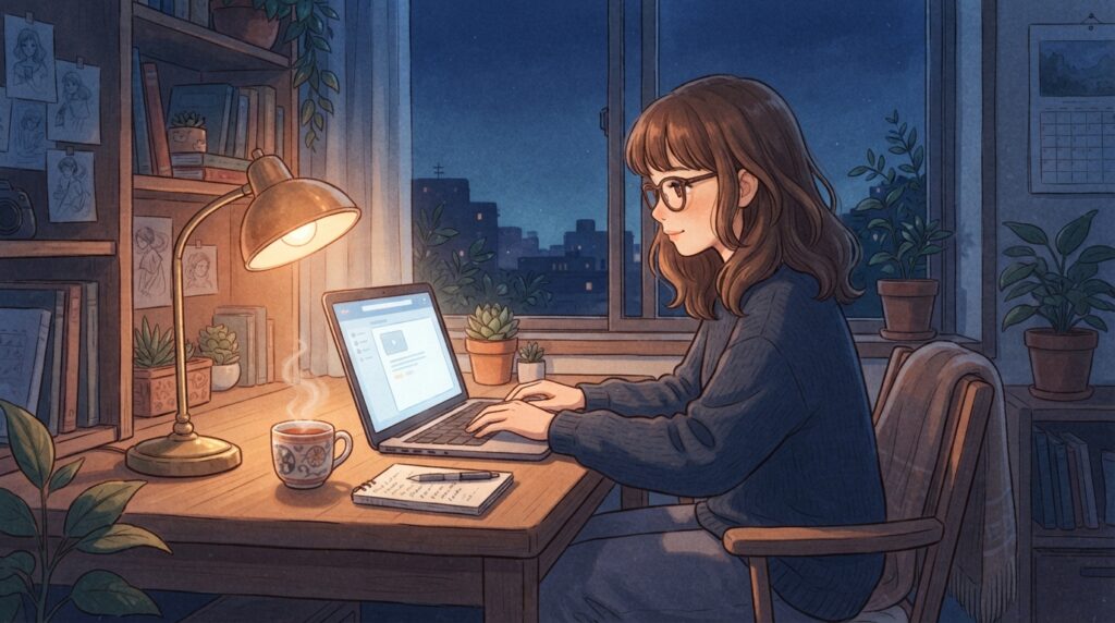 早朝パソコン作業をするメガネの女性