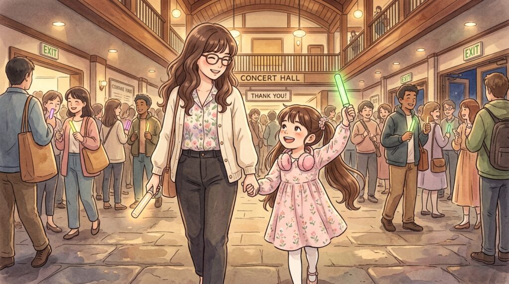 ライブが終わって手を繋いで仲良く帰る親子