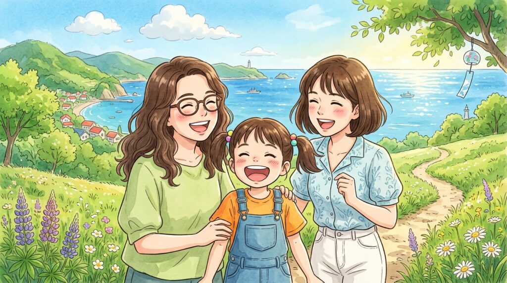 女性2人、子ども1人笑顔