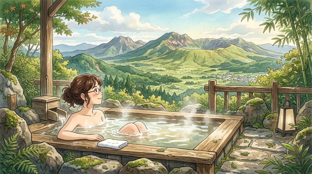 休暇村南阿蘇の露天風呂から阿蘇の山を眺めるイラスト