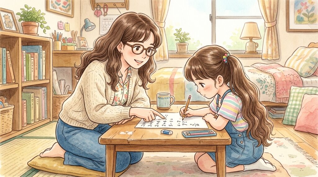 母と娘が宿題中