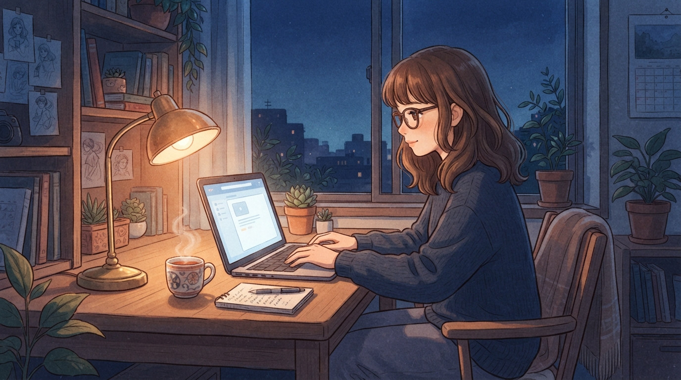 早朝パソコン作業をするメガネの女性