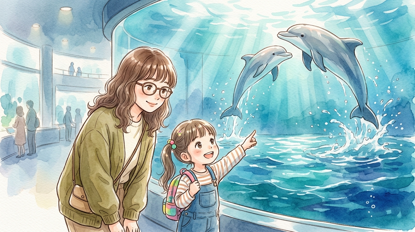 イルカをみる親子